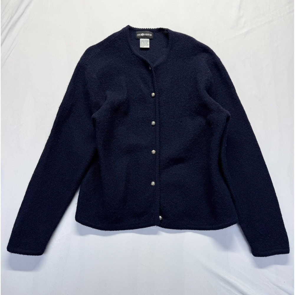 Vintage Sag Harbor Cardigan Sweater Womens XL Blue Wool Tight Knit Button‎ Front